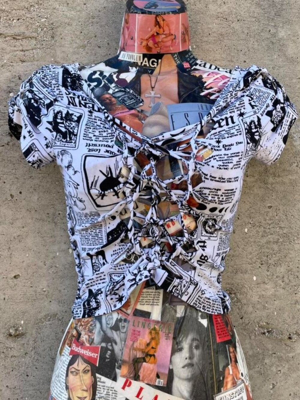 B&W newspaper print slit-weave crop top